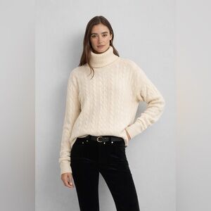 Ralph Lauren Cream Cable Knit Turtleneck Sweater Oversized 90% Wool 10%Cashmere